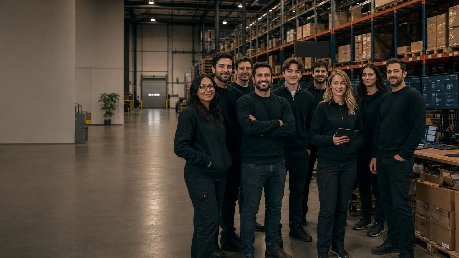 A team standing together in a fulfillment warehouse